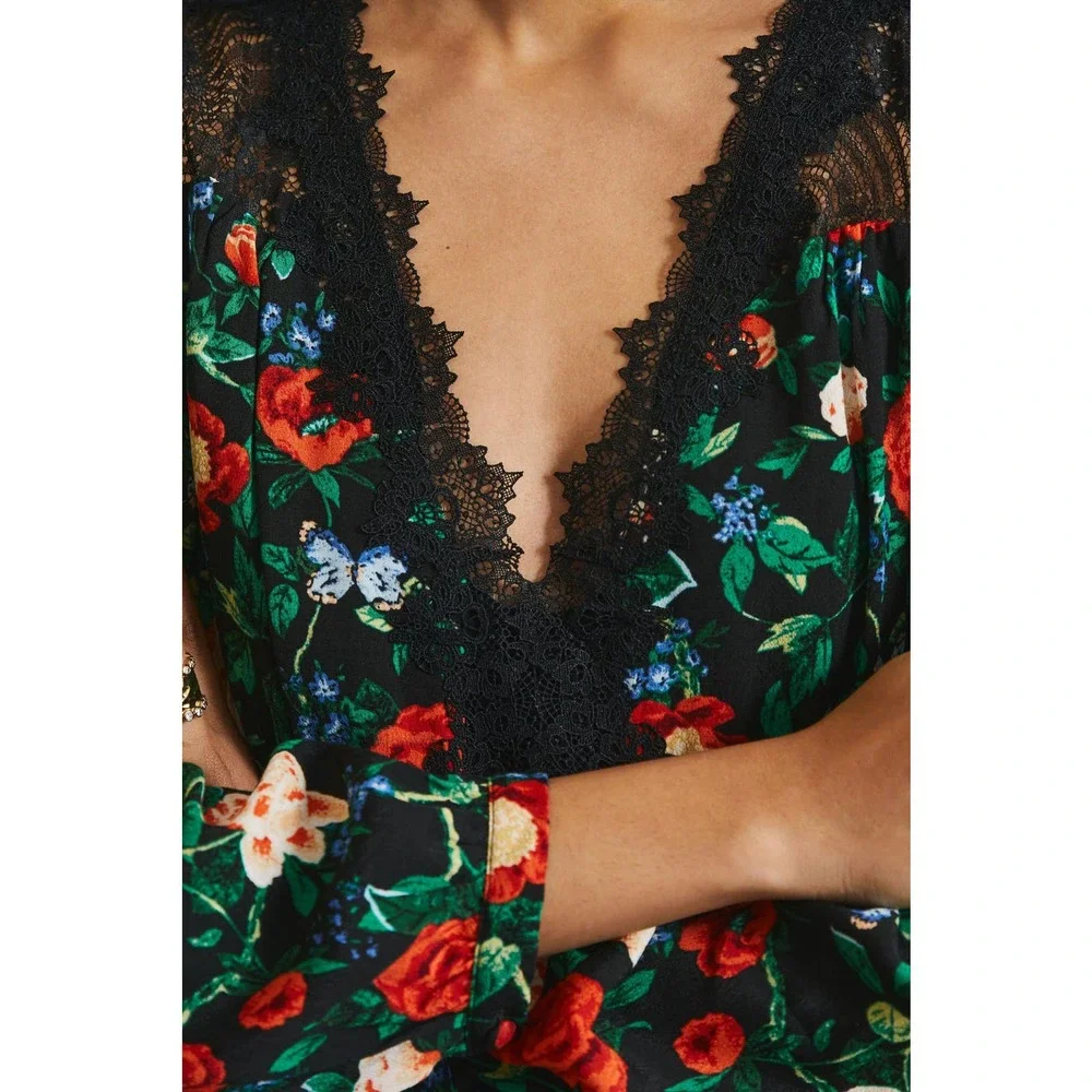 Floral V-Neck Long Sleeve Mini Dress - Green - Picture 3 of 5